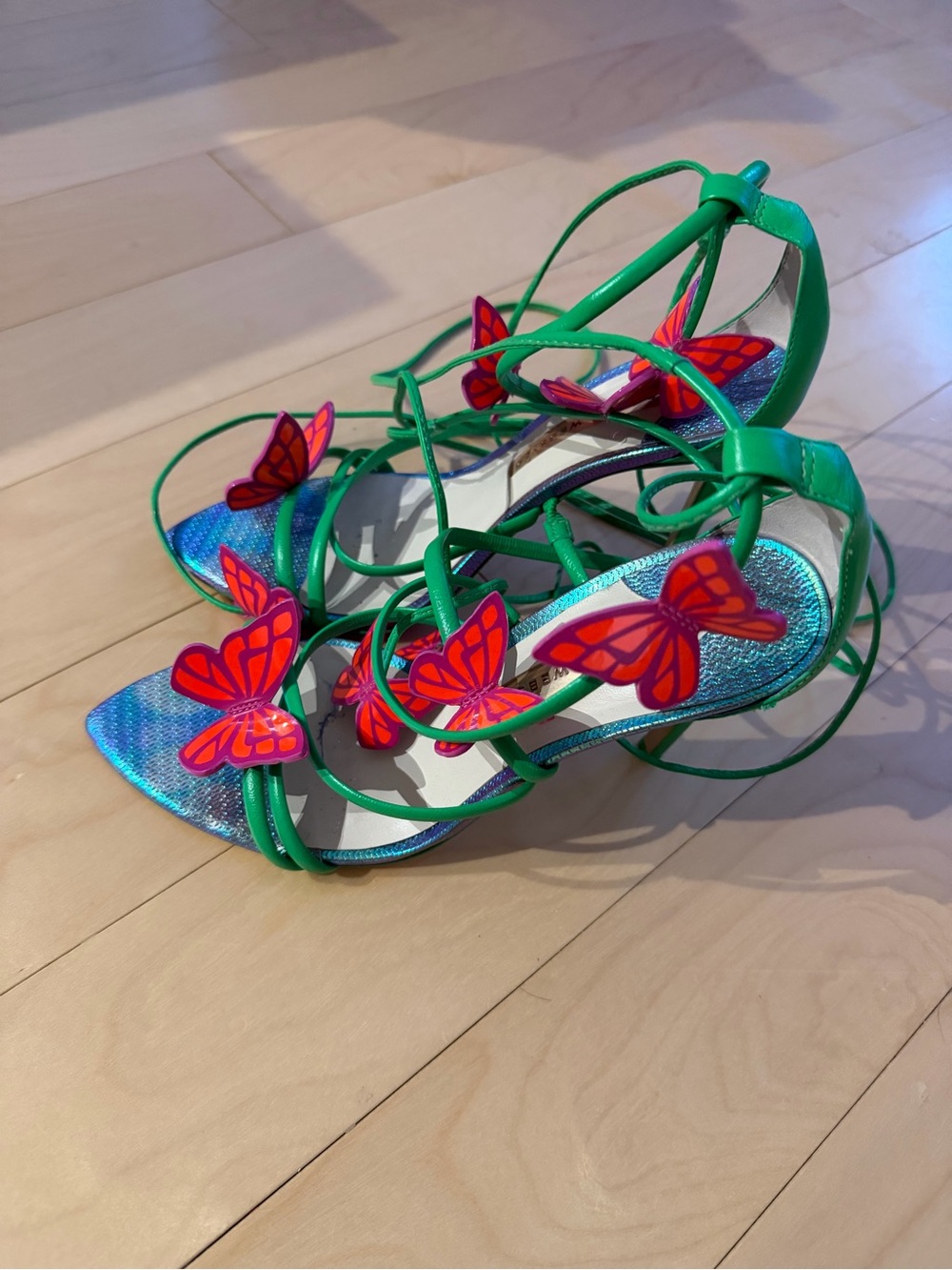 Sophia Webster Green Lace-Up Heels with Red-Orange Butterfly Accents - Picture 2 of 3